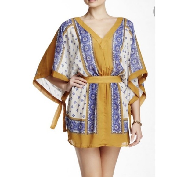 Free People Women's SANTA CRUZ Flowy‎ Boho Blue and Yellow Kimono Mini Dress XS - Picture 1 of 15